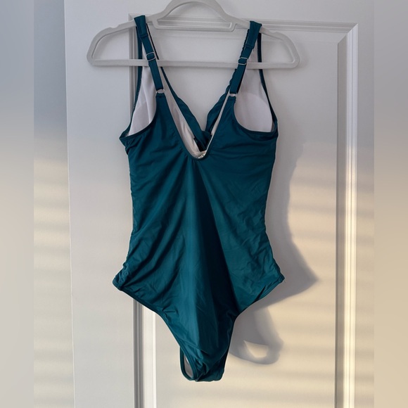 Women’s Solid Ruched V neck swimsuit twist bathing suit teal green large - Picture 5 of 7